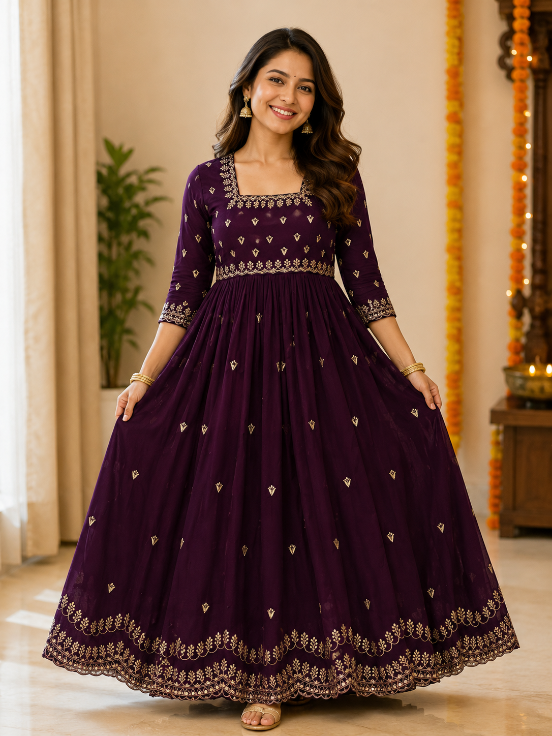 Traditional Festive Wear Anarkali with Golden Work